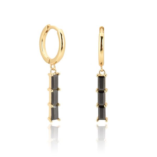 Gold Black Triple Baguette Bar Drop Hoop Earrings | Womens Drop Earrings Drop Earrings Drop Earrings