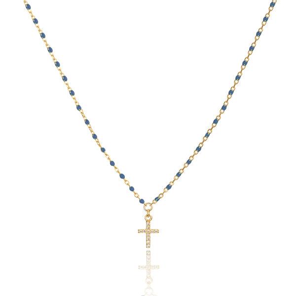 Gold Blue Beaded Crystal Cross Necklace | Womens Cross Necklaces Cross Necklaces Cross Necklaces