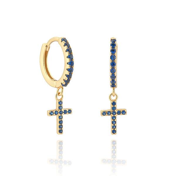 Gold Blue Crystal Cross Huggie Hoop Earrings | Womens Hoop Earrings Drop Earrings Drop Earrings