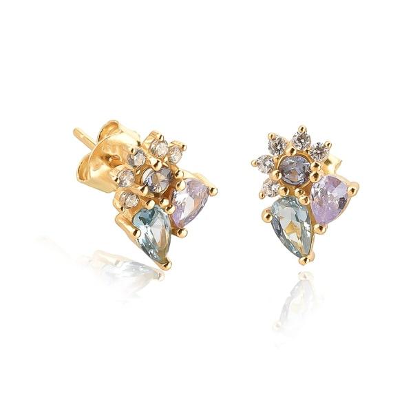 Gold Blue Floral Crystal Cluster Stud Earrings | Womens Stud Earrings Earrings Stud Earrings