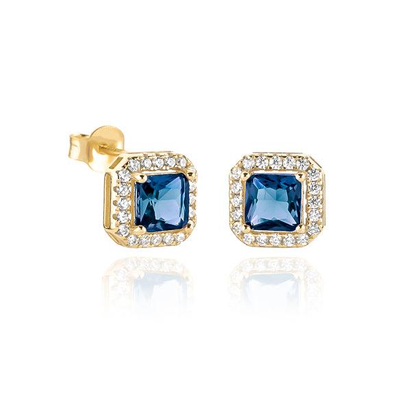 Gold Blue Square Halo Stud Earrings | Womens Stud Earrings Earrings Stud Earrings