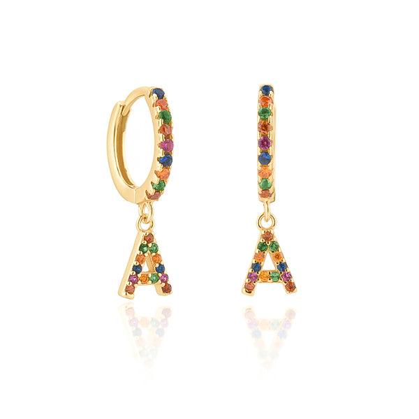 Gold Colorful Crystal Initial Letter Earrings | Womens Huggie Earrings Earrings Hoop Earrings