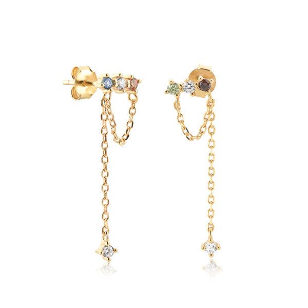 Gold Colorful CZ Drop Chain Stud Earrings | Womens Drop Earrings Drop Earrings Drop Earrings