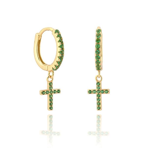 Gold Green Crystal Cross Huggie Hoop Earrings | Womens Drop Earrings Drop Earrings Drop Earrings