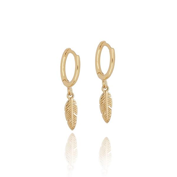 Gold Mini Feather Drop Hoop Earrings | Womens Simple Earrings Drop Earrings Drop Earrings