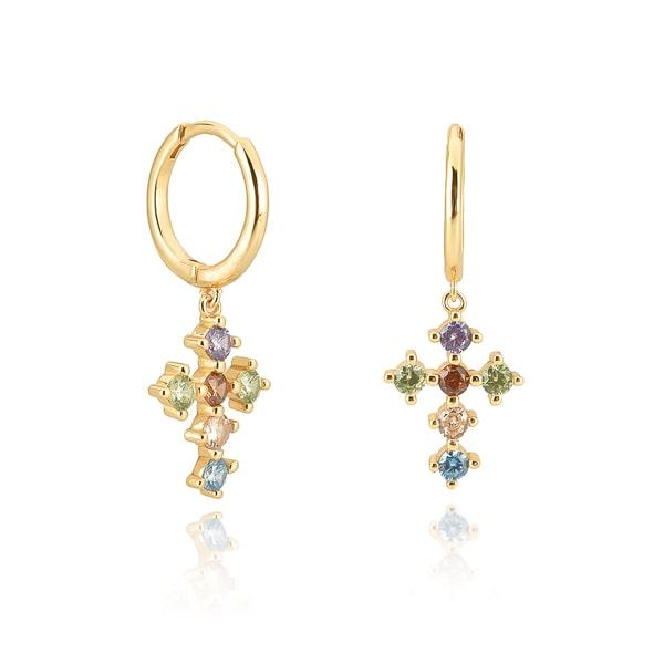 Gold Multicolor Crystal Cross Hoop Earrings | Womens Hoop Earrings Drop Earrings Drop Earrings