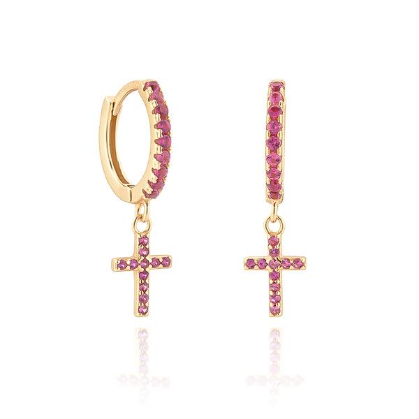 Gold Pink Crystal Cross Huggie Hoop Earrings | Womens Drop Earrings Drop Earrings Drop Earrings