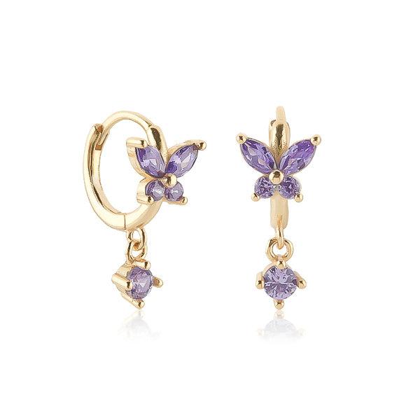 Gold Purple Crystal Butterfly Huggie Hoop Earrings | Womens Huggie Earrings Drop Earrings Drop Earrings