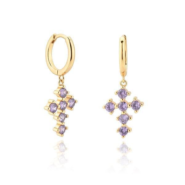 Gold Purple Crystal Cross Hoop Earrings | Womens Hoop Earrings Drop Earrings Drop Earrings