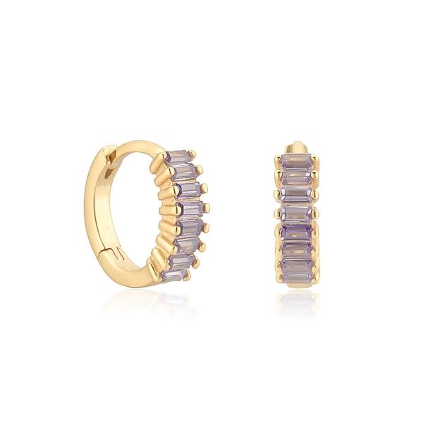 Gold Purple Emerald-Cut Crystal Huggie Earrings | Womens Huggie Earrings Earrings Hoop Earrings