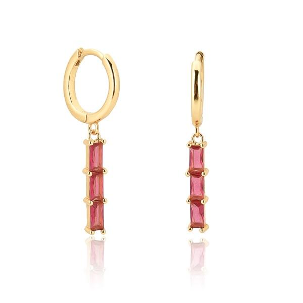 Gold Red Triple Baguette Bar Drop Hoop Earrings | Womens Hoop Earrings Drop Earrings Drop Earrings