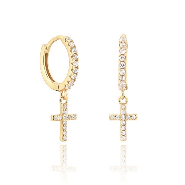 Gold White Crystal Cross Huggie Hoop Earrings | Womens Drop Earrings Drop Earrings Drop Earrings