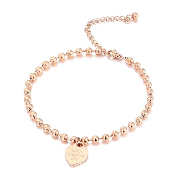 Rose Gold Beaded Heart Charm Anklet | Womens Waterproof Anklets Anklets Beaded Anklets