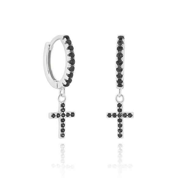 Silver Black Crystal Cross Huggie Hoop Earrings | Womens Huggie Earrings Drop Earrings Drop Earrings