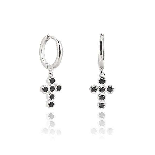 Silver Black Crystal Cross Mini Hoop Earrings | Womens Drop Earrings Drop Earrings Drop Earrings