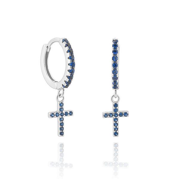 Silver Blue Crystal Cross Huggie Hoop Earrings | Womens Drop Earrings Drop Earrings Drop Earrings