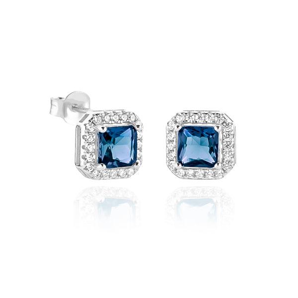 Silver Blue Square Halo Stud Earrings | Womens Stud Earrings Earrings Stud Earrings