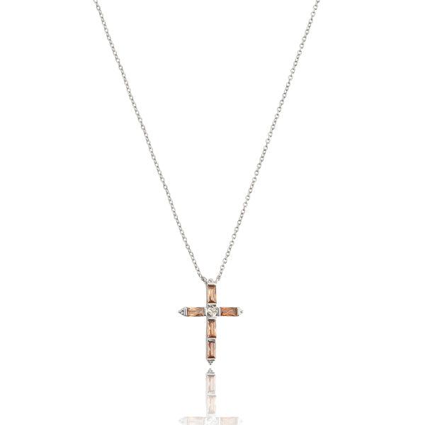 Silver & Cognac Crystal Cross Necklace | Womens Sterling Silver Necklaces Cross Necklaces Cross Necklaces