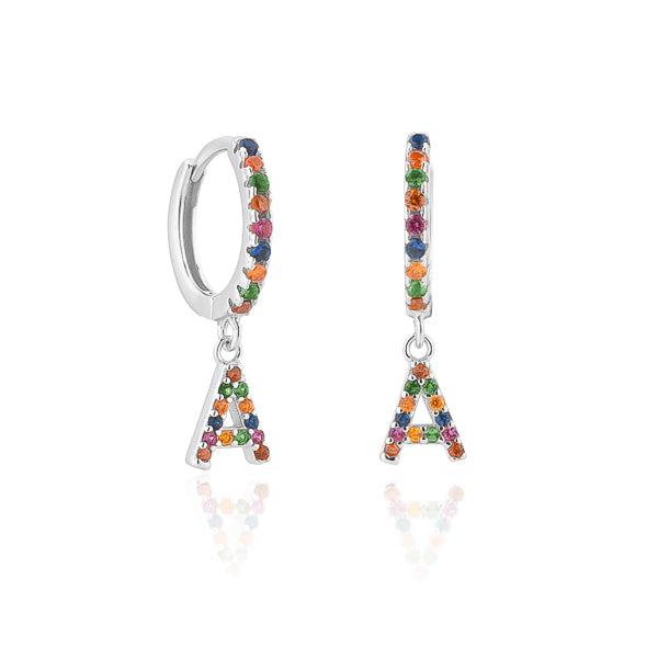 Silver Colorful Crystal Initial Letter Earrings | Womens Huggie Earrings Drop Earrings Drop Earrings