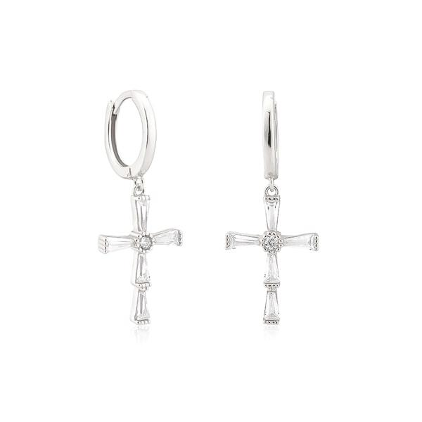 Silver Crystal Cross Hoop Earrings | Womens Drop Earrings Drop Earrings Drop Earrings