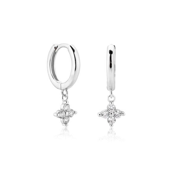 Silver Flower Huggie Hoop Drop Earrings | Womens Huggie Earrings Drop Earrings Drop Earrings