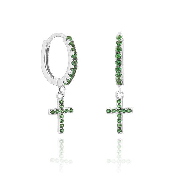 Silver Green Crystal Cross Huggie Hoop Earrings | Womens Drop Earrings Drop Earrings Drop Earrings