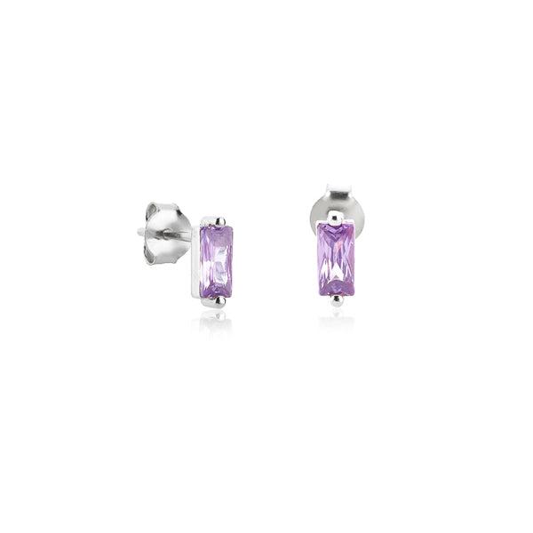 Silver Light Purple Baguette CZ Mini Stud Earrings | Womens Simple Earrings Earrings Simple Earrings