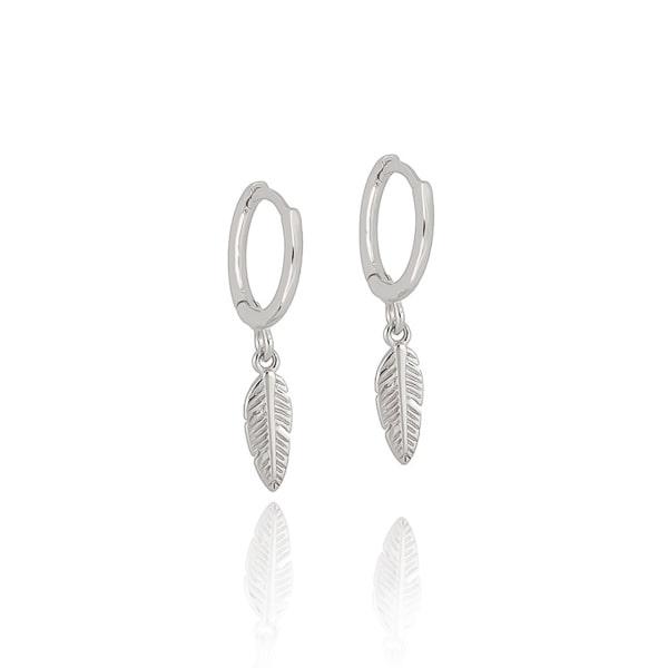 Silver Mini Feather Drop Hoop Earrings | Womens Drop Earrings Drop Earrings Drop Earrings