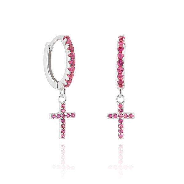 Silver Pink Crystal Cross Huggie Hoop Earrings | Womens Huggie Earrings Drop Earrings Drop Earrings