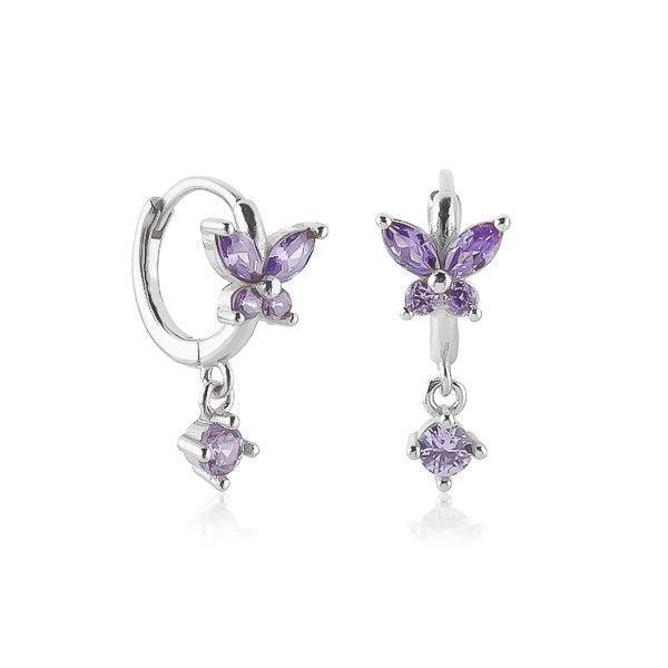 Silver Purple Crystal Butterfly Huggie Hoop Earrings | Womens Hoop Earrings Drop Earrings Drop Earrings