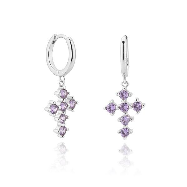 Silver Purple Crystal Cross Hoop Earrings | Womens Drop Earrings Drop Earrings Drop Earrings