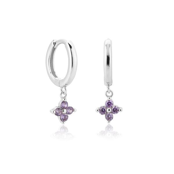 Silver Purple Flower Huggie Hoop Drop Earrings | Womens Drop Earrings Drop Earrings Drop Earrings