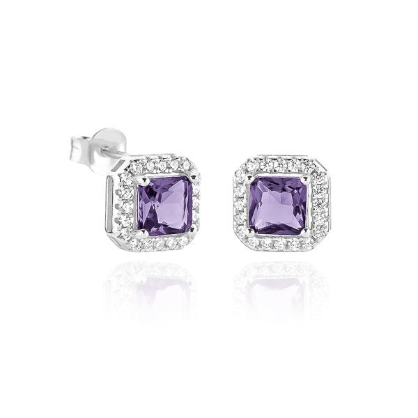 Silver Purple Square Halo Stud Earrings | Womens Stud Earrings Earrings Stud Earrings