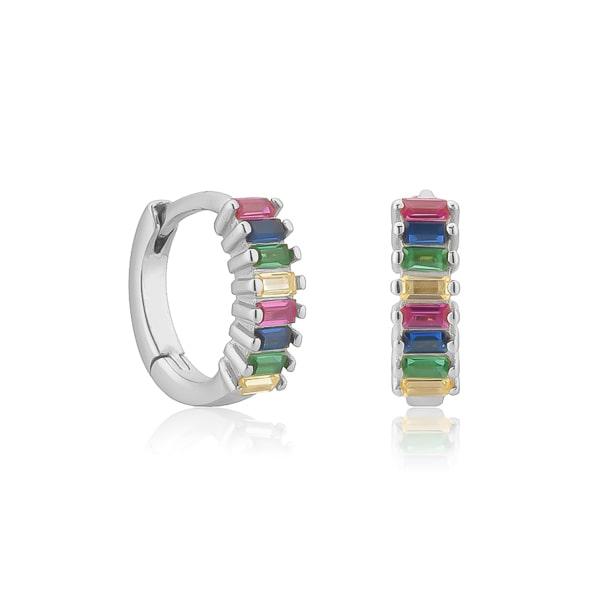 Silver Rainbow Emerald-Cut Crystal Huggie Earrings | Womens Hoop Earrings Earrings Hoop Earrings