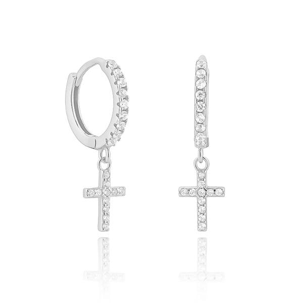 Silver White Crystal Cross Huggie Hoop Earrings | Womens Drop Earrings Drop Earrings Drop Earrings