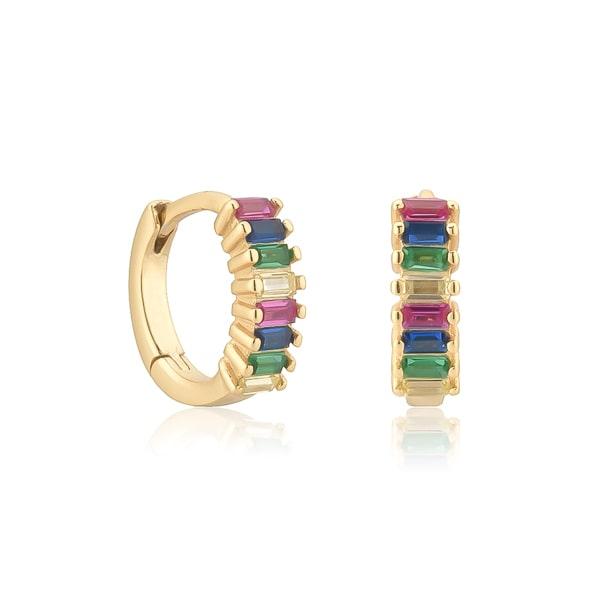 Gold Rainbow Emerald-Cut Crystal Huggie Earrings | Womens Sleeper Earrings Earrings Hoop Earrings